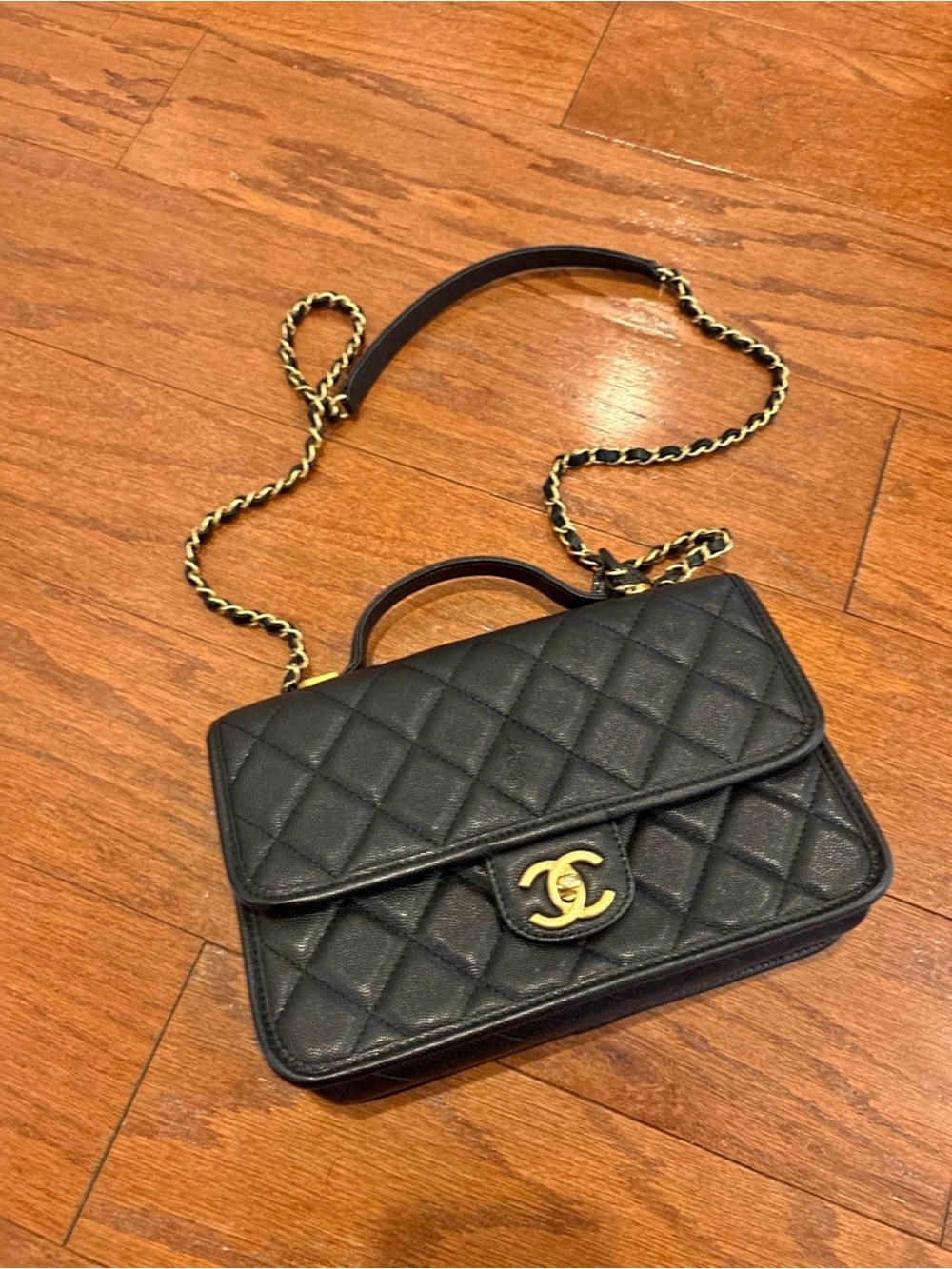CHANEL Top Handle Flap Bag Black Quilted Leather Shoulder Bag with Gold Hardware